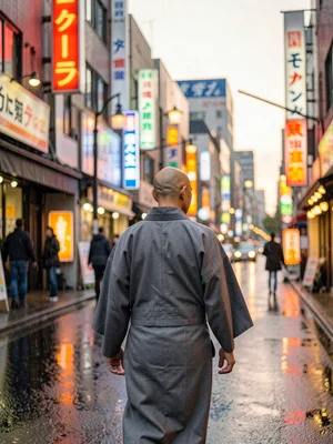 Back of a shaved-head monk in grey robes walking through a commercial street, pa