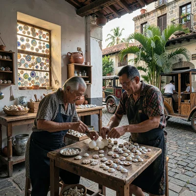 Vigan colonial heritage, Spanish-Filipino fusion, capiz shell craftsman sorting 