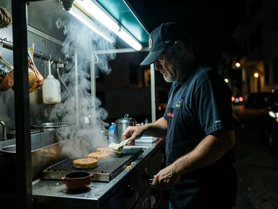 A food cart vendor counting the day's cash under harsh fluorescent light at 2am,