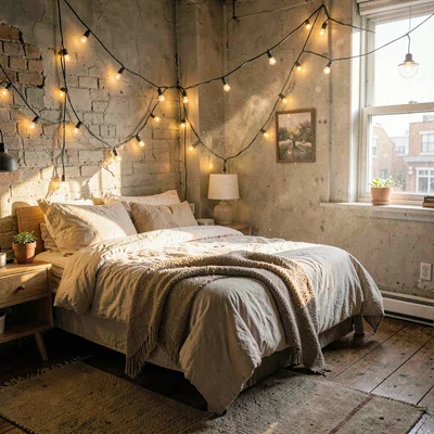 Cozy lifestyle photograph of a sun-warmed loft bedroom corner in a converted col