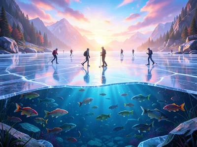 Frozen lake with skaters above, fish and underwater life visible below ice