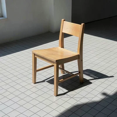 Single wooden chair casting geometric shadow on grid-tiled floor, midday light