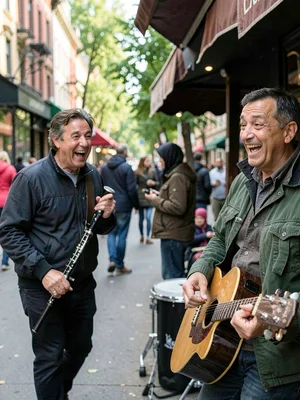 Person walking past busker who starts playing their favorite song