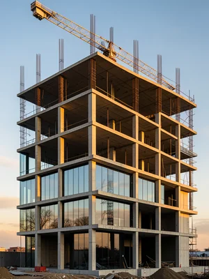 A concrete building under construction, the top three floors still raw reinforce