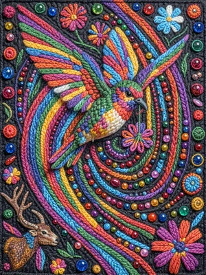 Hummingbird hovering — wings blurred into color arcs, flower beneath beak