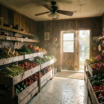 Atmospheric photograph with Louisiana bayou sensibility, Inside a produce stand,