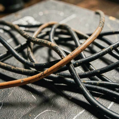 Worn-material closeup of a tangle of DMX cables on a chalky board, deep shadow