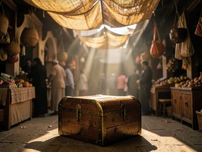 Wooden chest with brass fittings catching light through textile gap overhead