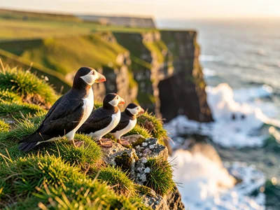Puffins on the Cliffs of Moher ledge, Atlantic spray below, emerald grass on the