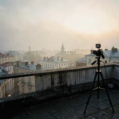 Atmospheric pre-dawn rooftop view across a foggy old city with a tripod silhouet
