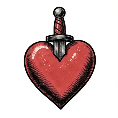 Traditional tattoo flash illustration, Dagger piercing through a red heart , bol