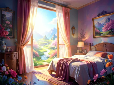 Person opening curtains to bright spring morning, sunlight flooding bedroom
