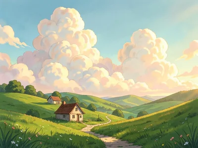 Tiny cottage on a green hillside with a winding path, enormous puffy clouds, gol