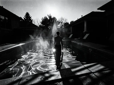 Swimming pool at dusk, single figure silhouetted, light from underwater creating