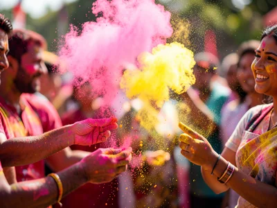 Holi festival moment: hands throwing colored powder, bright pink and yellow clou