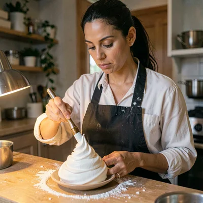 A focused Latina pastry chef in her thirties piping a meringue spiral, lamp glow