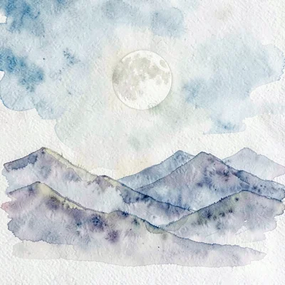 distant mountains under a pale moon, painterly haze