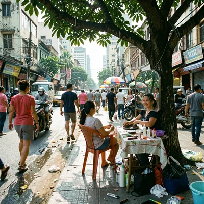 Documentary photograph of megacity life, dense urban scene, A hairdresser workin