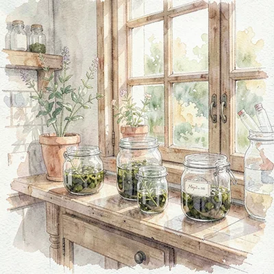 Gouache illustration of a small farmstand kitchen with jars of shrub macerating 