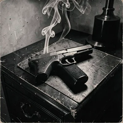 A gun on a hotel nightstand