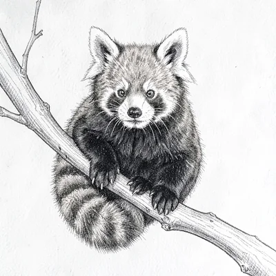 pen-and-ink illustration of a red panda perched on a branch, fine cross-hatching