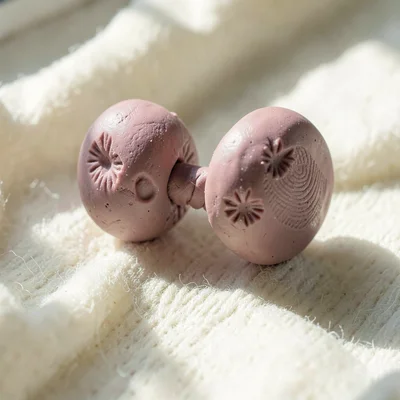 Yo-yoed dusty-rose toy with thumb dents on each disc and fingernail dents along 