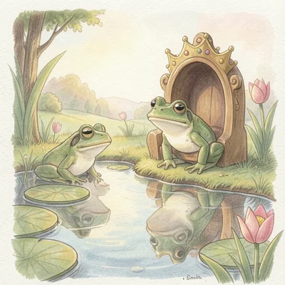 A frog prince looking at his reflection in a pond, crown slightly too big, lily 
