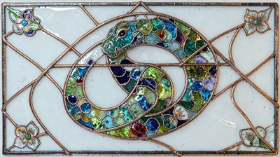 Cloisonné enamel illustration, serpent coiled , copper wire outlines, glass enam