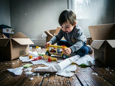Torn wrapping paper on floor, empty boxes, child playing with new toy