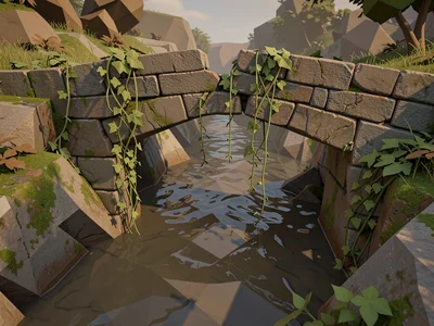 Stone bridge missing its center span with lowpoly vines trailing into a sluggish