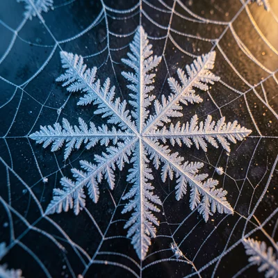 Ice forming on spider web, crystalline structure, early halloween morning
