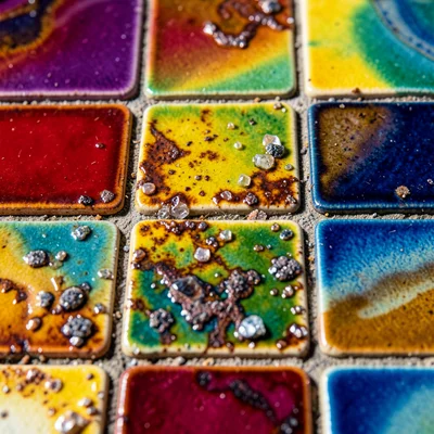 Rainbow-glazed tile mosaic, each tile a different pride color, grout grid