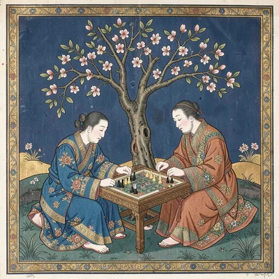Two figures in profile playing a board game under a flowering almond tree
