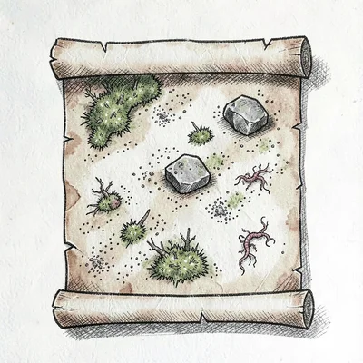 Player aid card drawn as a parchment scroll showing a small map legend with stip