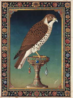 Hawk on a jeweled perch, every feather rendered individually, floral border surr