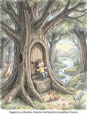 Child discovering magical door in tree