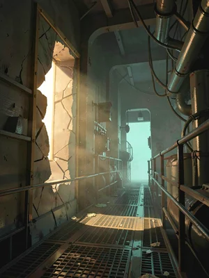 Engine-room walkway in a derelict freighter with a beam through cracked bulkhead