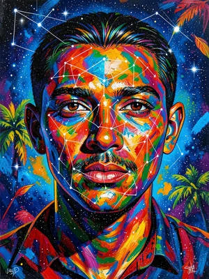 Portrait made of starfield, constellation patterns forming facial features