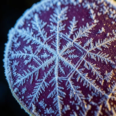 Frost forming on grape skin, dendritic ice crystal pattern on purple surface
