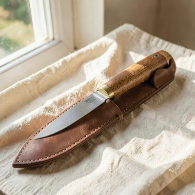 Warm product hero of a finished hori-hori knife in a leather sheath on cream lin
