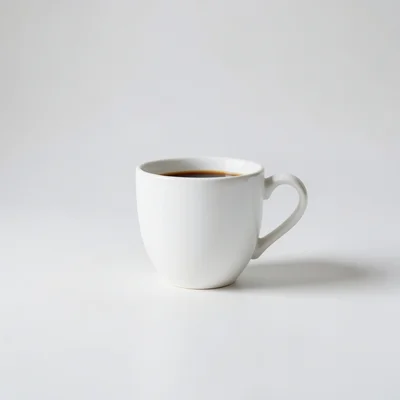 Minimalist photography of a single white coffee cup centered on a clean neutral background, soft natural window light, s