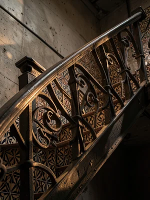 Cast iron staircase baluster detail, ornamental spiral with dust catching light