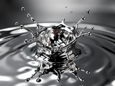 Liquid chrome splash frozen mid-air, droplets and tendrils all perfectly reflect