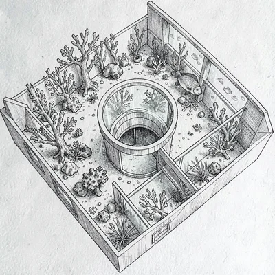 overhead schematic of a coastal aquarium with viewing tunnel