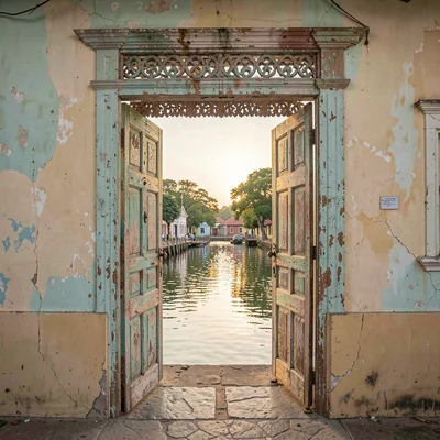 Soft morning light on faded colonial pastels, Saint-Louis Senegal, Doorway with 