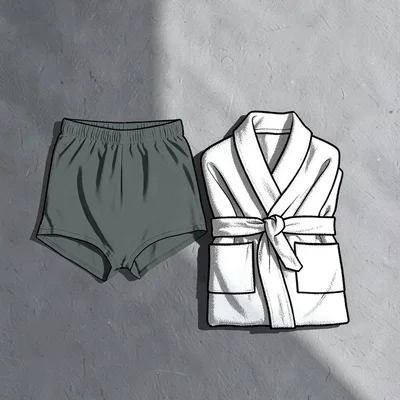 Tomas-blockcolor lookbook flatlay of swim trunks next to a folded beach robe on 