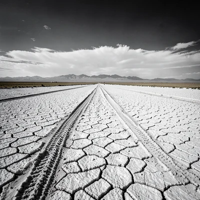 Vast horizontal landscape, extreme width composition, Dried salt flat with crack