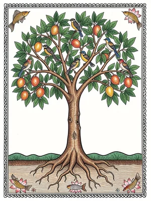 Mango tree with birds nesting in branches, roots shown beneath soil line, full f