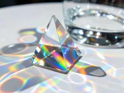 Caustic light patterns from a glass of water on a white table, irregular rainbow