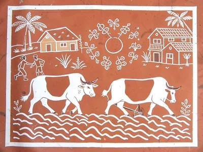 Two oxen plowing a field — lines of turned earth, farmer guiding behind